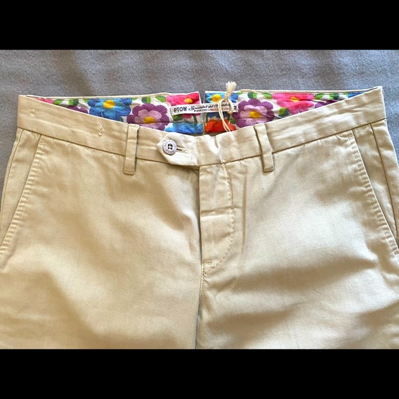 Women’s cotton pants size 42 European, cream color with multi-color detail - Picture 2 of 8